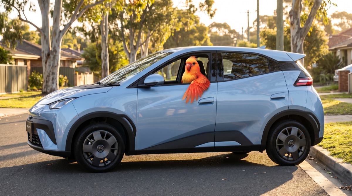 A GoTroppo parrot at the wheel of a BYD ATTO 1 parked on a suburban street